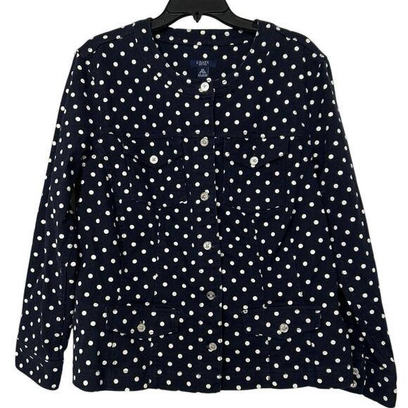 Chaps Jackets & Blazers - Chaps Navy Blue White Polka Dot Flat Collar Cotton Stretch Denim Jacket Size 2X